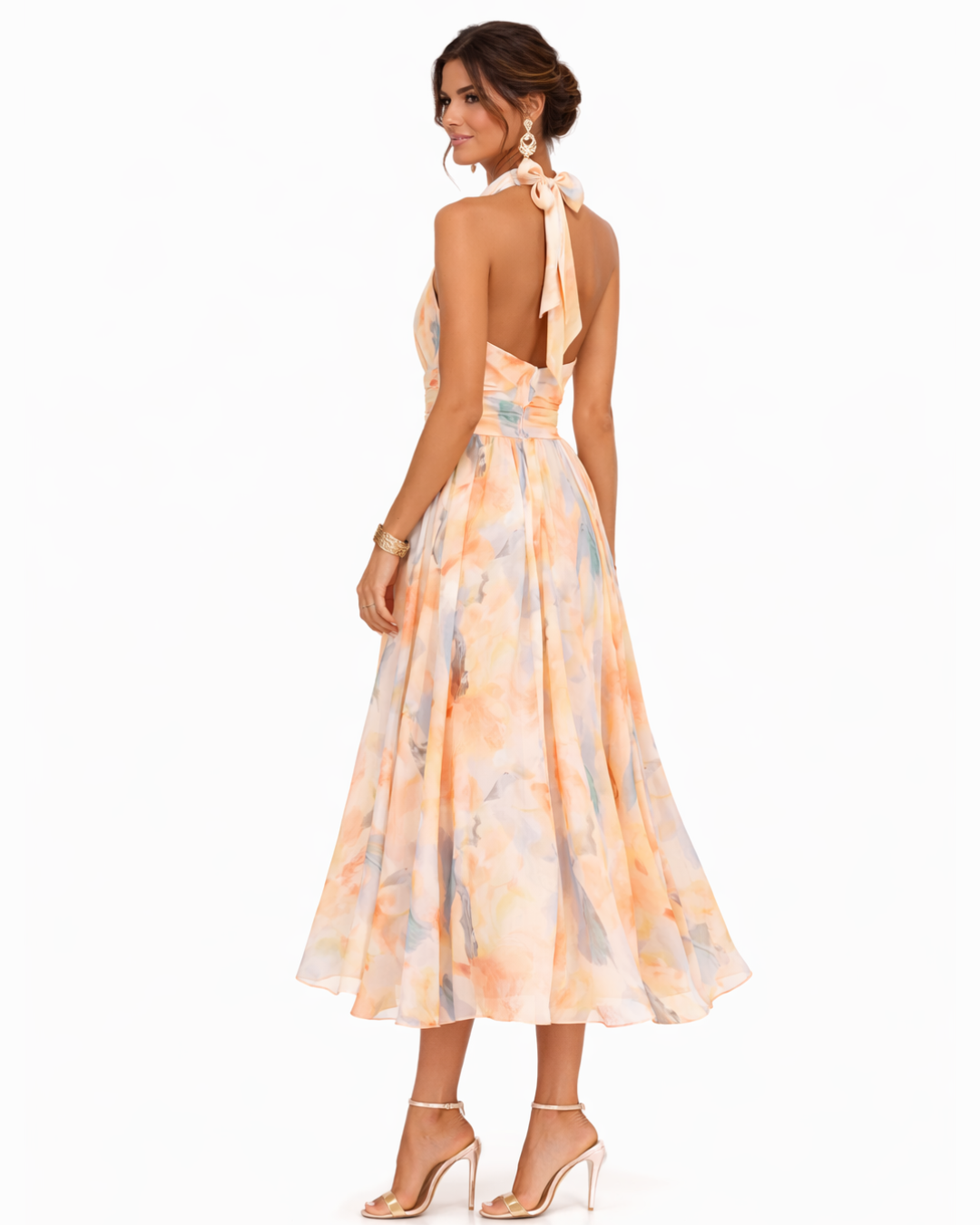 Damen Aquarell Maxikleid | Elegantes Sommer Kleid Lang mit Fließendem Rock