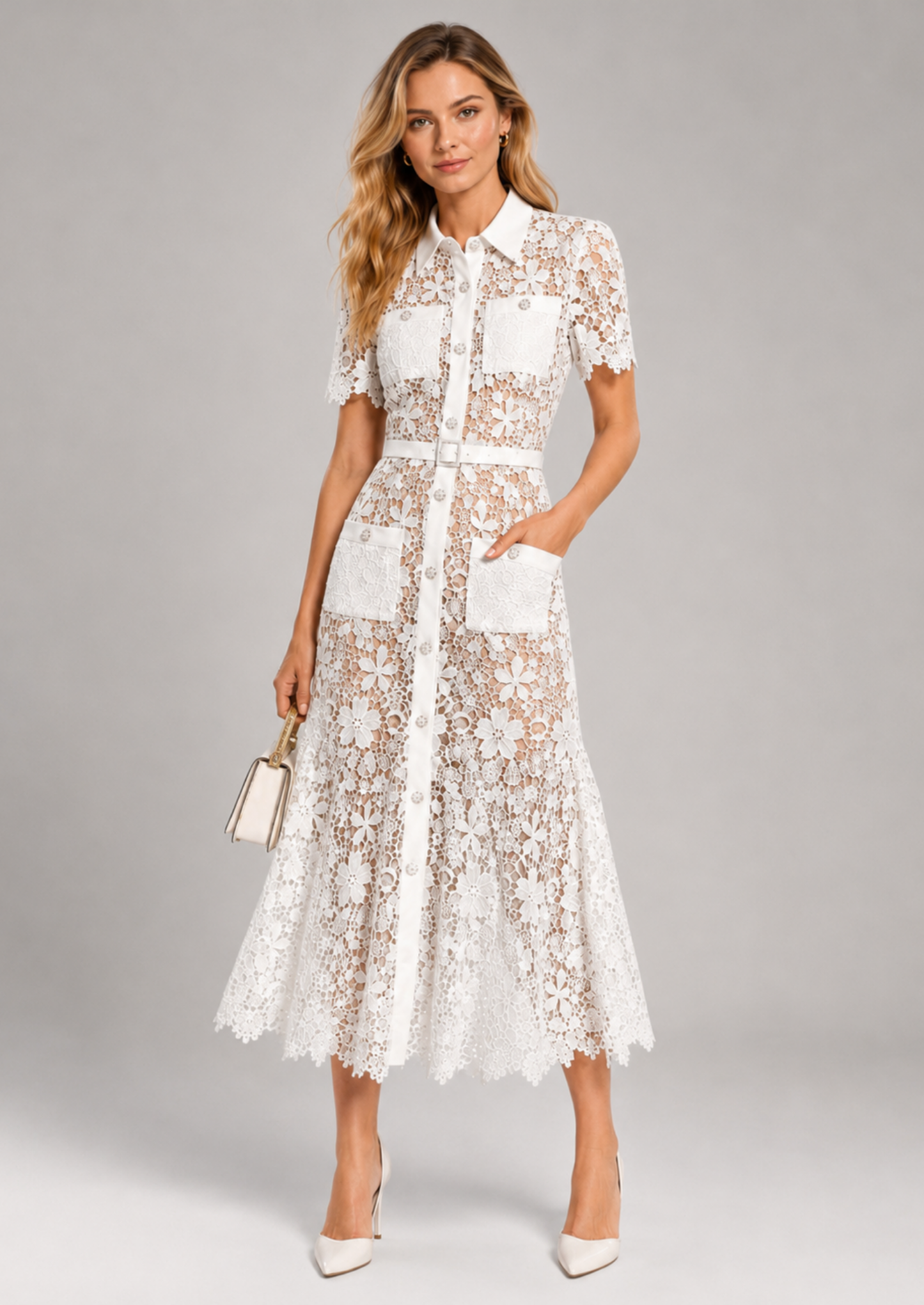 Damen Floral Spitze Midi Kleid | Elegantes Kurzärmeliges Festliches Kleid für Hochzeitsgäste