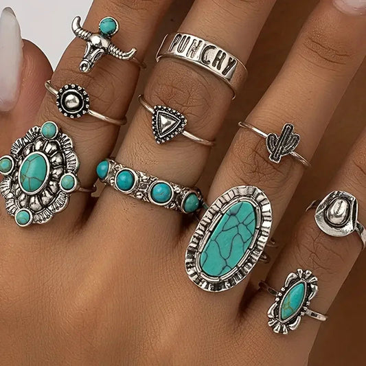 Damen 10-teiliges Western-Ring-Set | Elegante Schmuckkollektion für besondere Anlässe