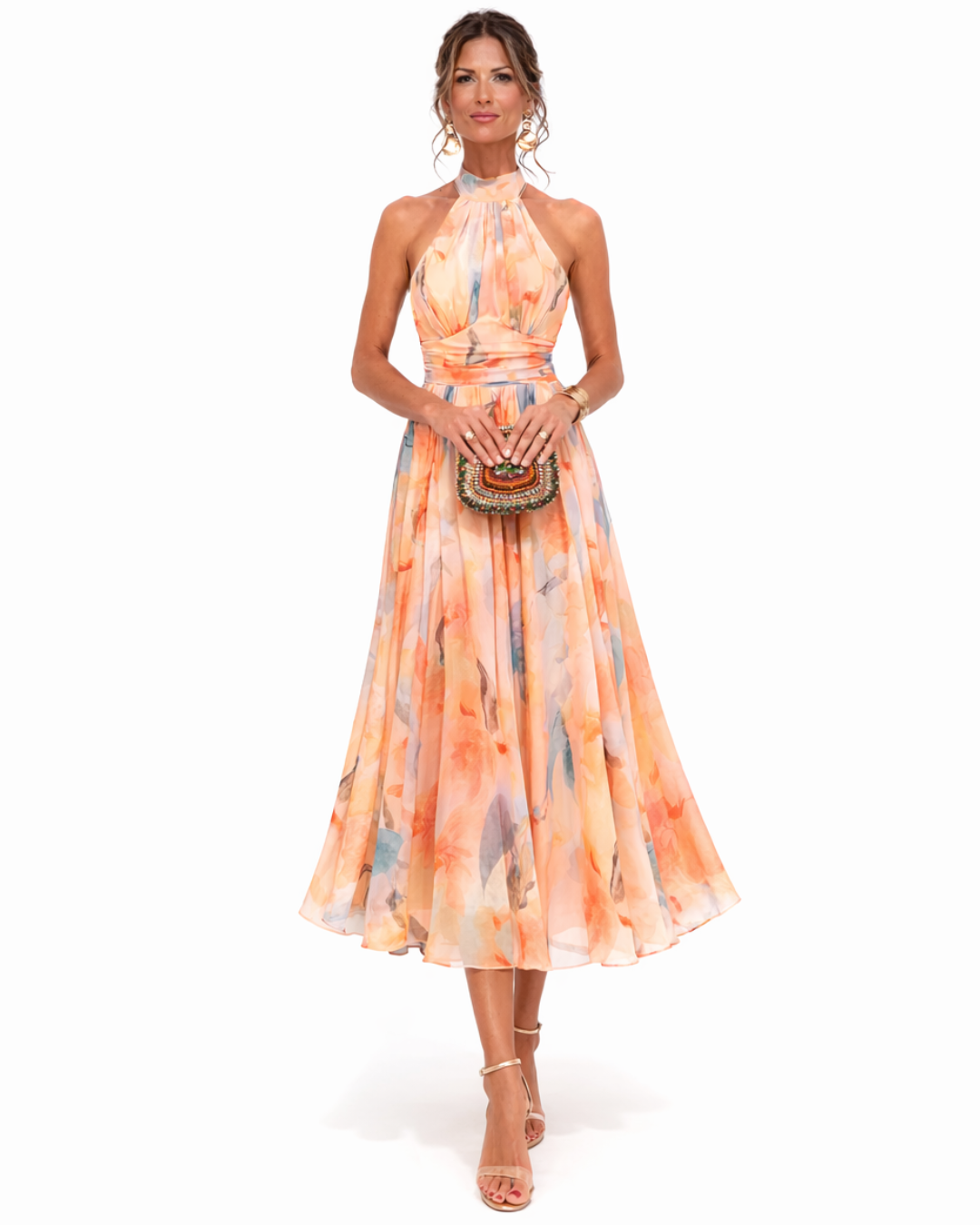 Damen Aquarell Maxikleid | Elegantes Sommer Kleid Lang mit Fließendem Rock