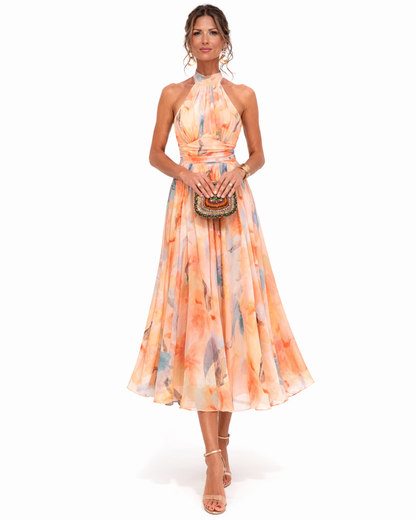 Damen Aquarell Maxikleid | Elegantes Sommer Kleid Lang mit Fließendem Rock