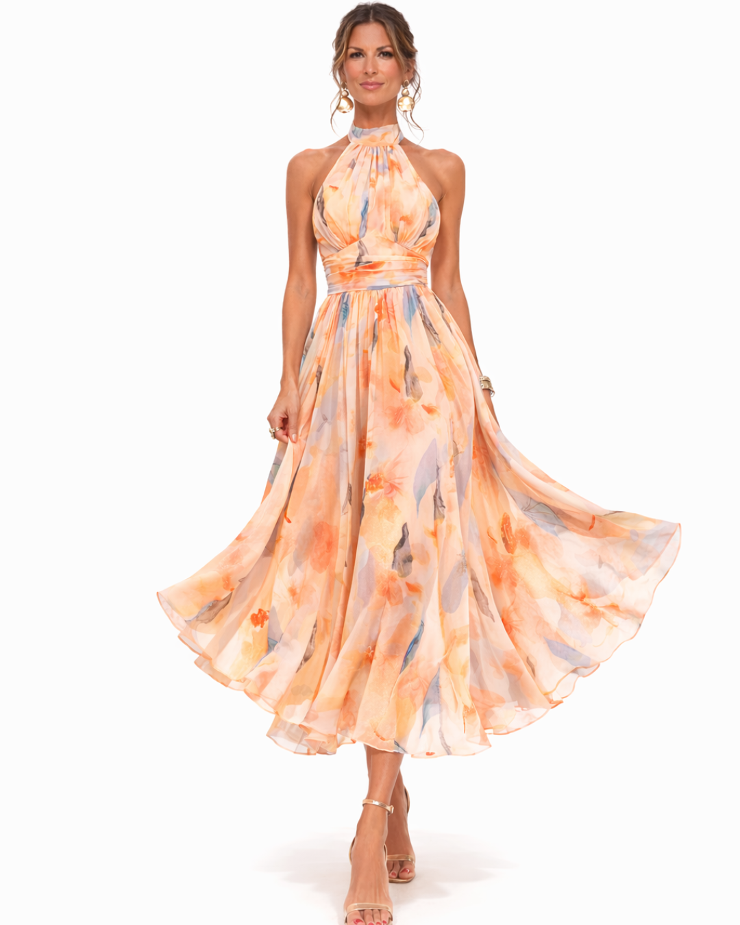 Damen Aquarell Maxikleid | Elegantes Sommer Kleid Lang mit Fließendem Rock