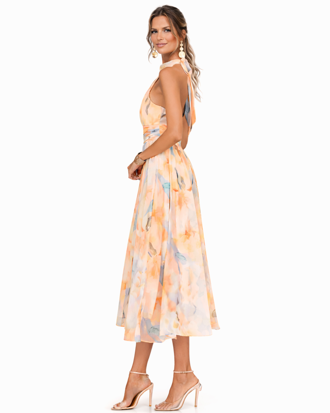 Damen Aquarell Maxikleid | Elegantes Sommer Kleid Lang mit Fließendem Rock