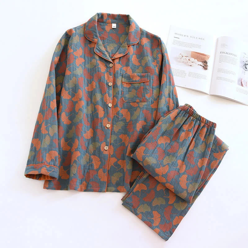 Damen Atmungsaktive Baumwoll Loungewear Set | Elegantes Ginkgoblatt Design für Frühling und Sommer 0