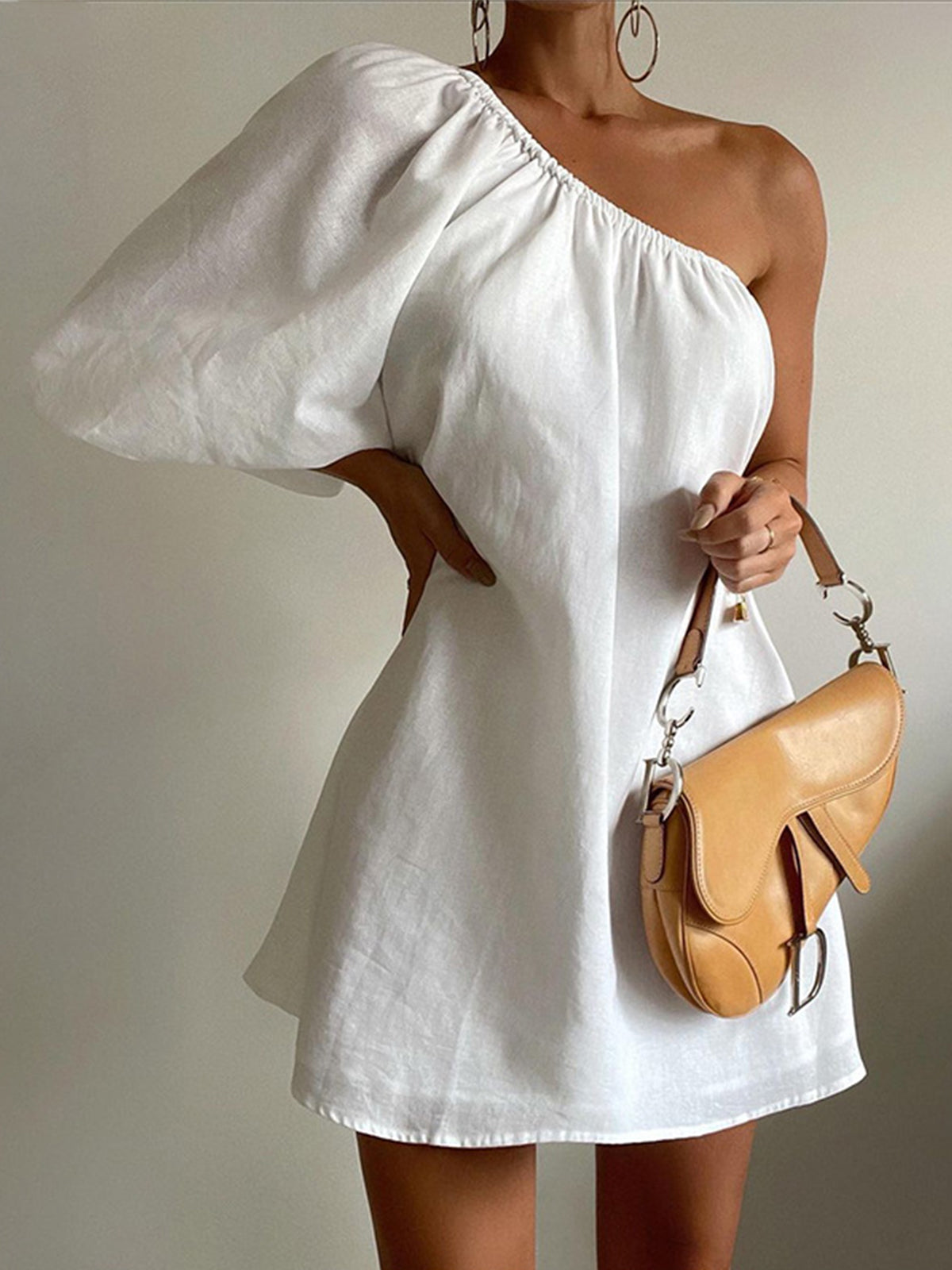 Damen Baumwoll-Leinen Sommerkleid | Elegantes Ein-Schulter Kleid für Warme Tage