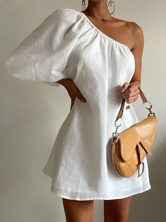 Damen Baumwoll-Leinen Sommerkleid | Elegantes Ein-Schulter Kleid für Warme Tage