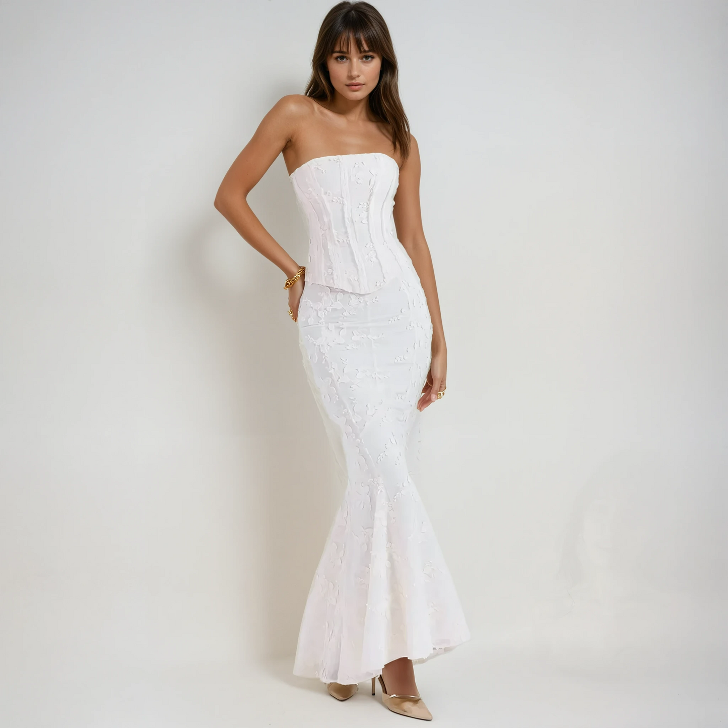 Damen Besticktes Maxikleid | Elegantes Trägerloses Hochzeitskleid 0