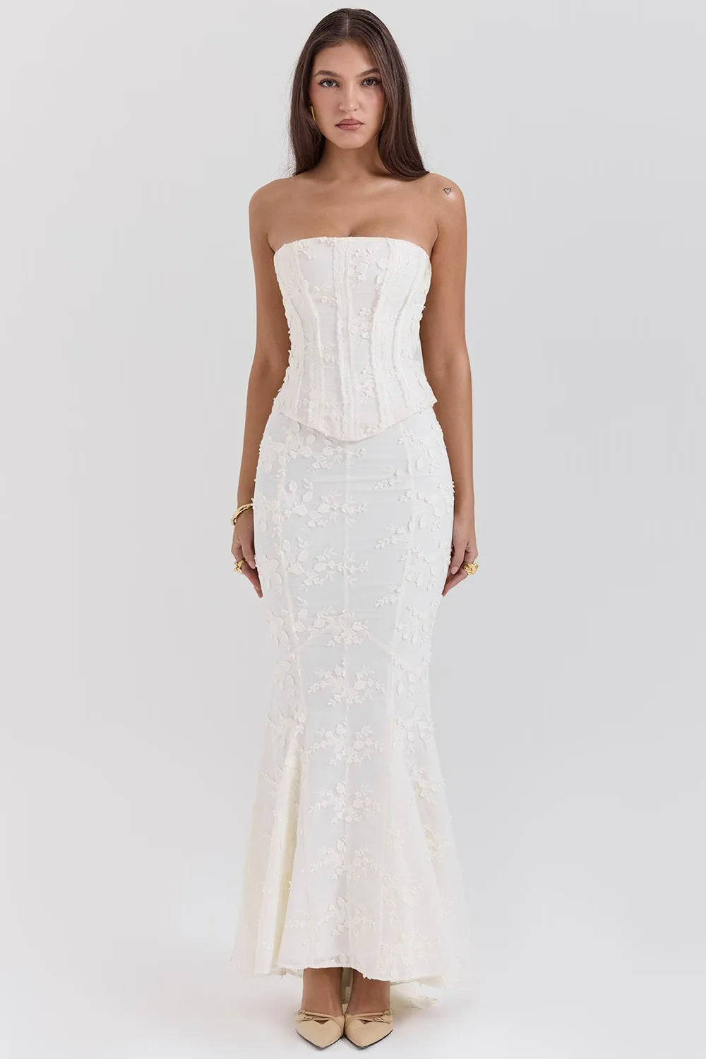 Damen Besticktes Maxikleid | Elegantes Trägerloses Hochzeitskleid 1