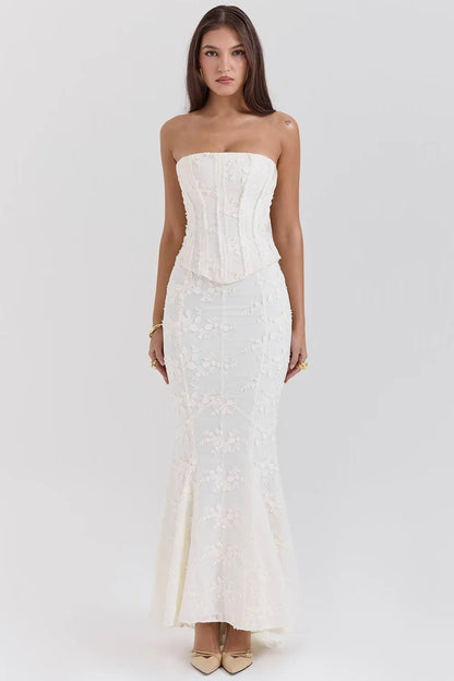 Damen Besticktes Maxikleid | Elegantes Trägerloses Hochzeitskleid 1