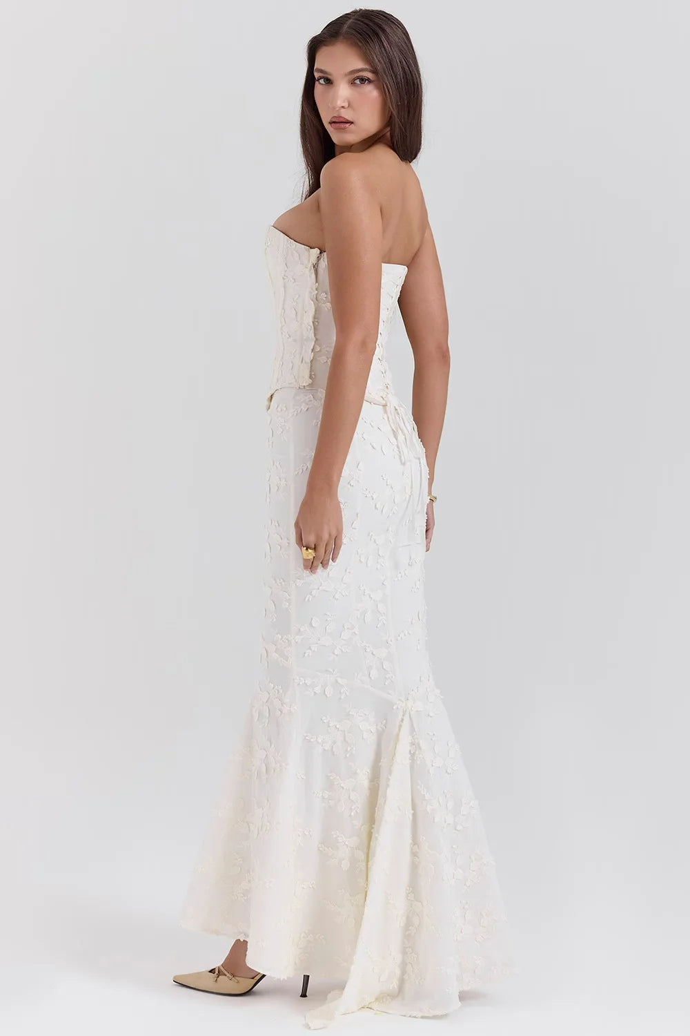 Damen Besticktes Maxikleid | Elegantes Trägerloses Hochzeitskleid 3