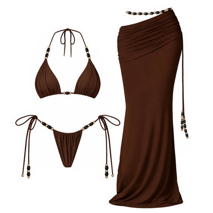 Damen Bunte Perlen Bikini Set | Sexy Bandeau Badeanzug Mit Rock Für Sommer