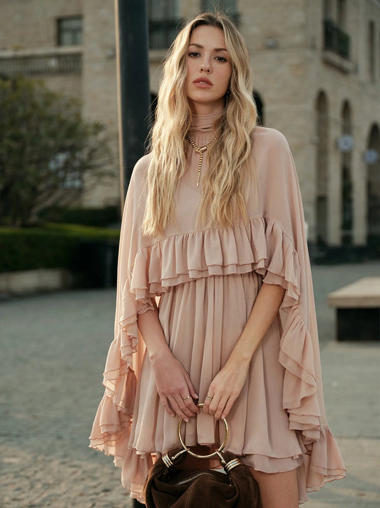 Damen Chiffon Kleid mit Rüschen | Elegantes Kurzarm Kleid für Hochzeitsgast 0