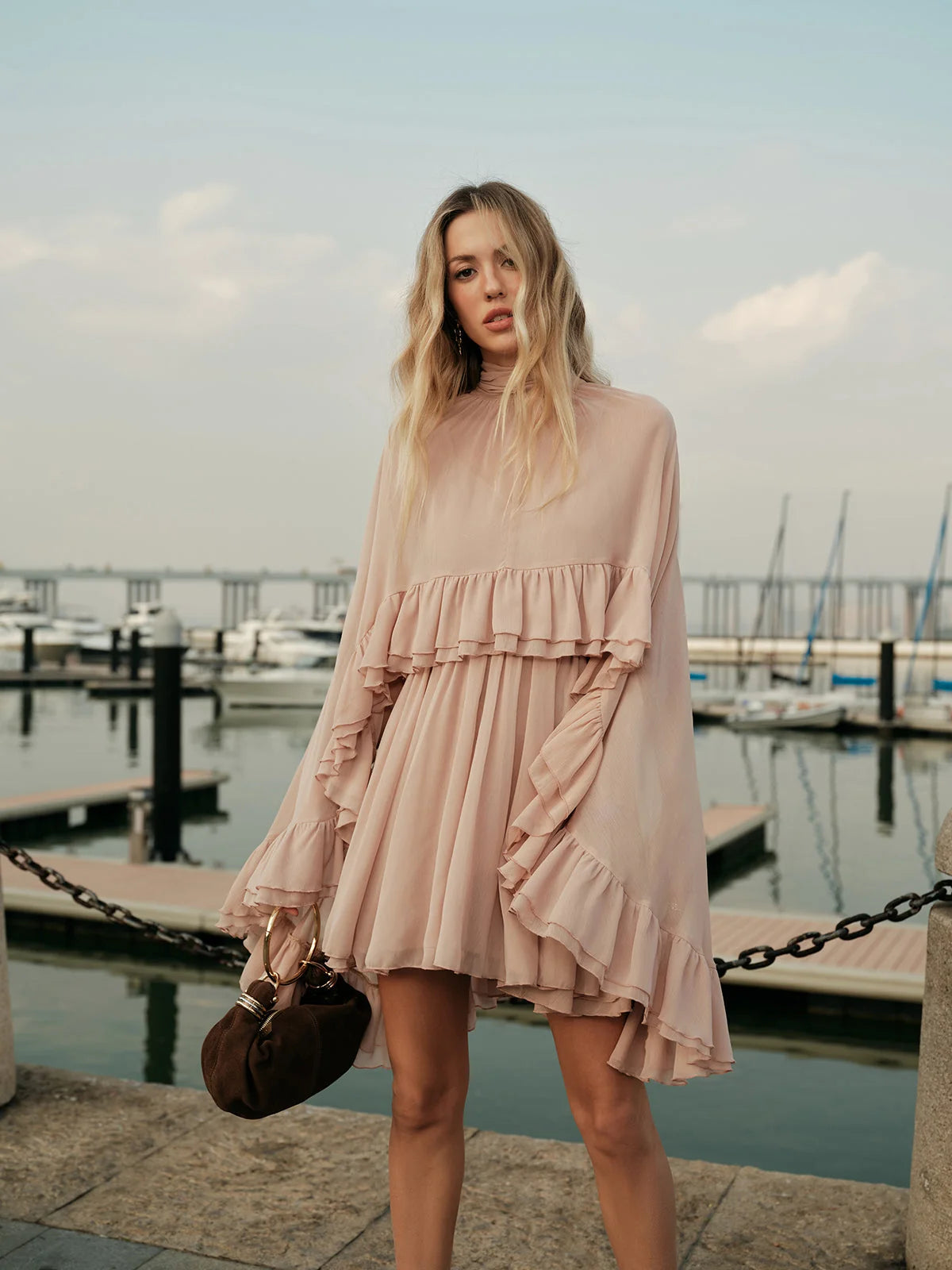 Damen Chiffon Kleid mit Rüschen | Elegantes Kurzarm Kleid für Hochzeitsgast 4