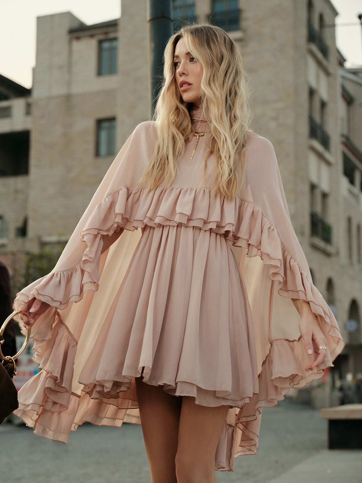 Damen Chiffon Kleid mit Rüschen | Elegantes Stehkragen Kurzarm Kleid 1