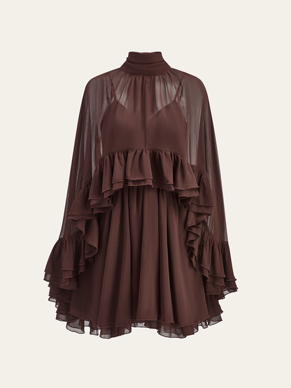 Damen Chiffon Kleid mit Rüschen | Elegantes Stehkragen Kurzarm Kleid 11