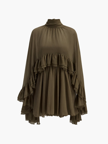 Damen Chiffon Kleid mit Rüschen | Elegantes Stehkragen Kurzarm Kleid 12