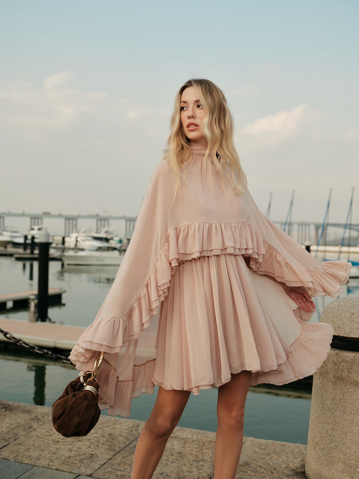 Damen Chiffon Kleid mit Rüschen | Elegantes Stehkragen Kurzarm Kleid 3