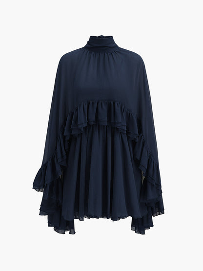 Damen Chiffon Kleid mit Rüschen | Elegantes Stehkragen Kurzarm Kleid 9