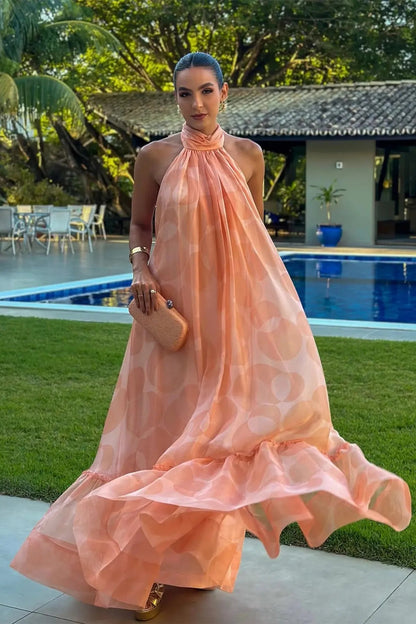Damen Chiffon Maxikleid | Elegantes Bedrucktes Neckholderkleid für Sommer 0