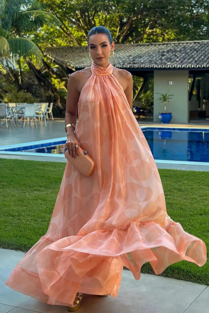 Damen Chiffon Maxikleid | Elegantes Bedrucktes Neckholderkleid für Sommer