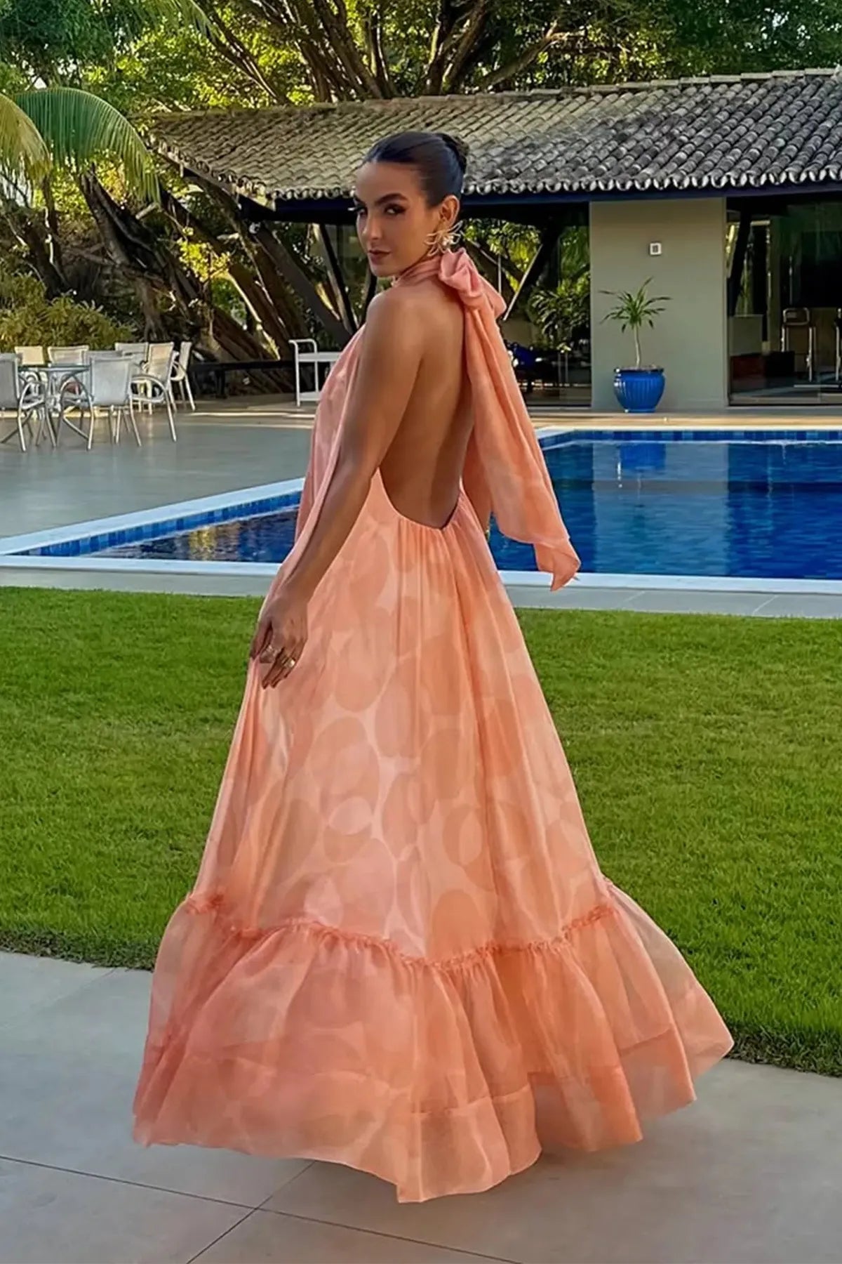 Damen Chiffon Maxikleid | Elegantes Bedrucktes Neckholderkleid für Sommer 1