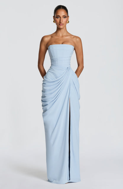 Damen Chiffon Maxikleid | Elegantes Trägerloses Abendkleid mit Asymmetrischer Drapierung