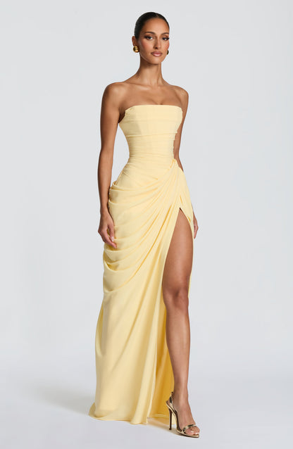 Damen Chiffon Maxikleid | Elegantes Trägerloses Abendkleid mit Asymmetrischer Drapierung