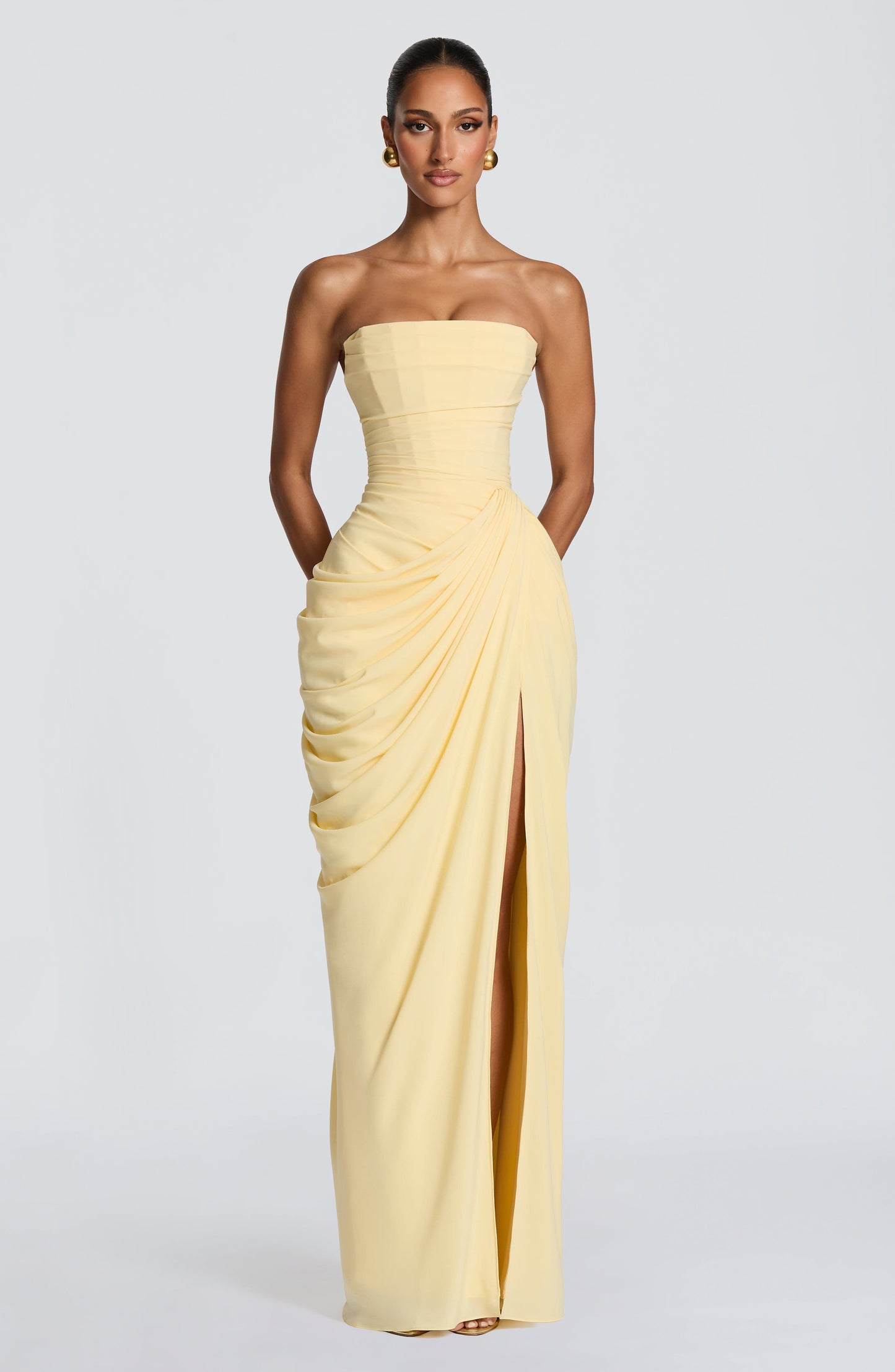 Damen Chiffon Maxikleid | Elegantes Trägerloses Abendkleid mit Asymmetrischer Drapierung