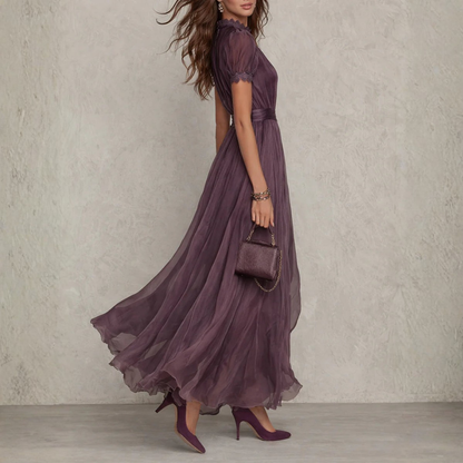 Damen Chiffon Maxikleid mit Spitzenbesatz | Elegantes Sommermaxikleid für Hochzeiten und Galas