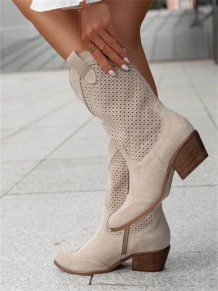 Damen Elegante Leder Cowgirl-Stiefel | Modische Hohe Absatzstiefel