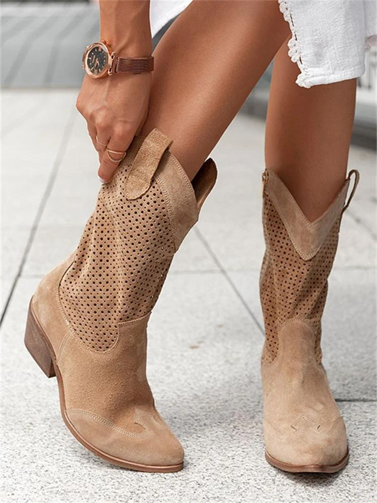Damen Elegante Leder Cowgirl-Stiefel | Modische Hohe Absatzstiefel