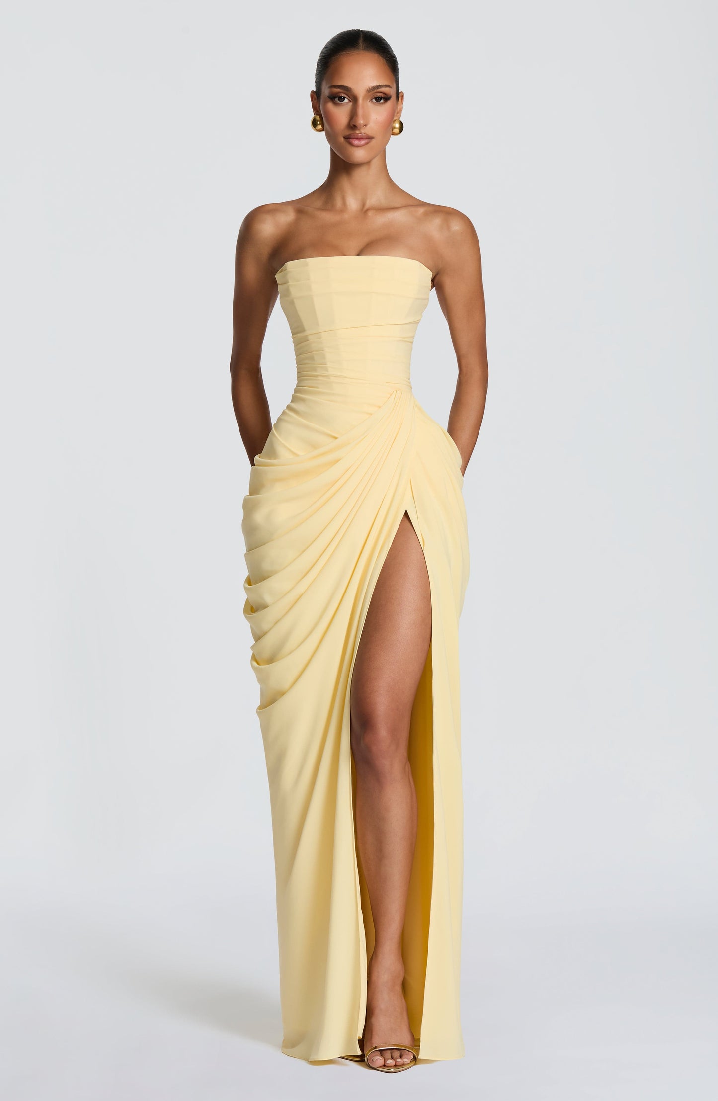Damen Elegantes Chiffon Maxikleid | Asymmetrisches Trägerloses Abendkleid