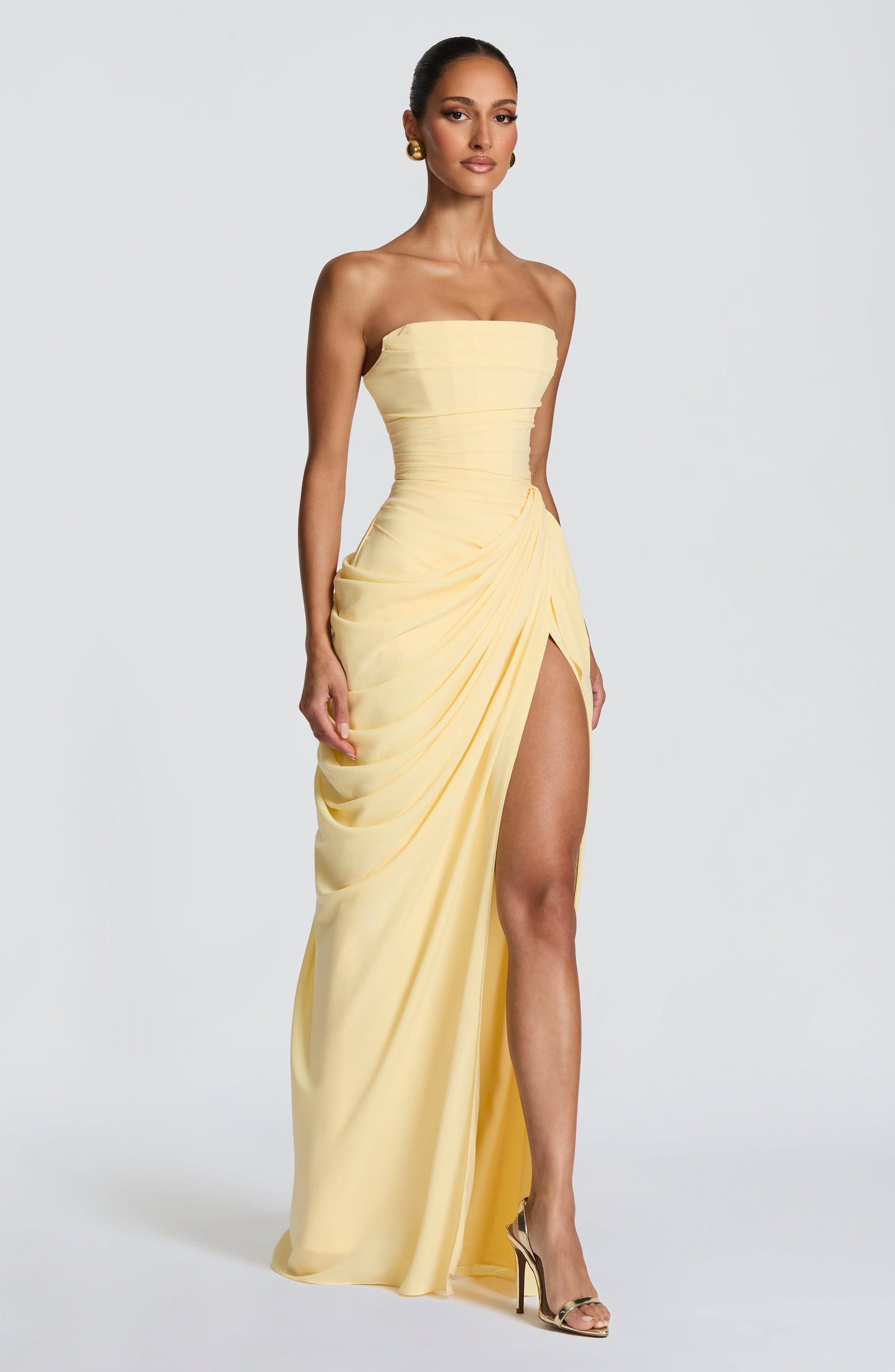 Damen Elegantes Chiffon Maxikleid | Asymmetrisches Trägerloses Abendkleid