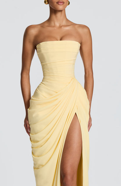 Damen Elegantes Chiffon Maxikleid | Asymmetrisches Trägerloses Abendkleid
