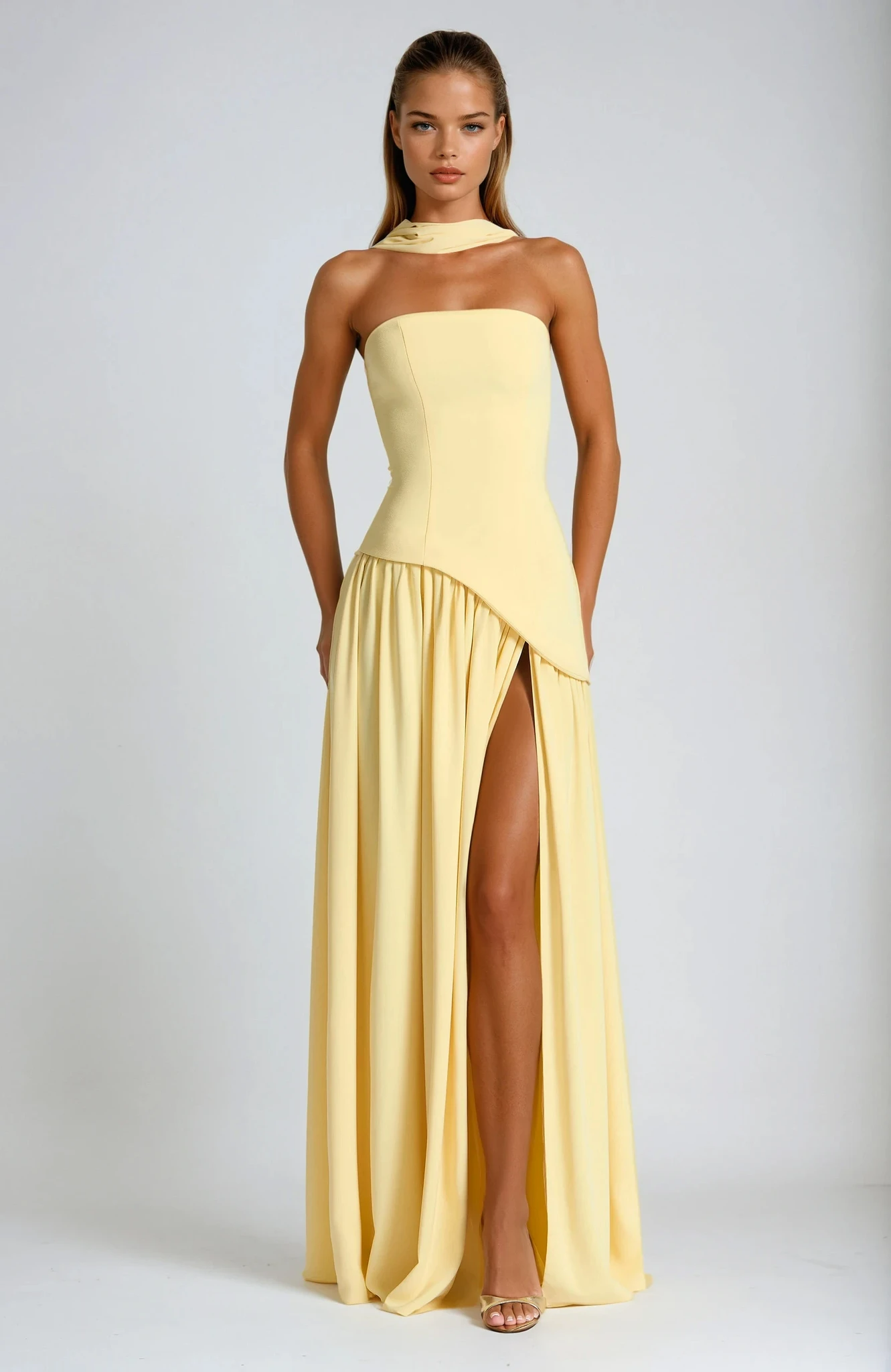 Damen Elegantes Fließendes Maxikleid | Trägerloses Sommerkleid mit Hohem Schlitz