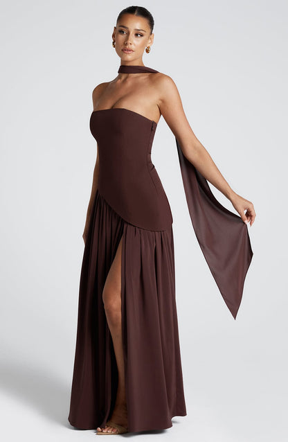 Damen Elegantes Fließendes Maxikleid | Trägerloses Sommerkleid mit Hohem Schlitz