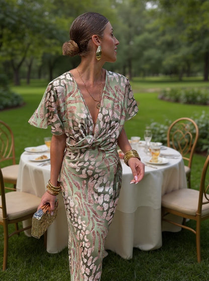 Damen Elegantes Kupfer Midi Kleid | Stilvolles Twist-Knoten Design für Hochzeitsgäste