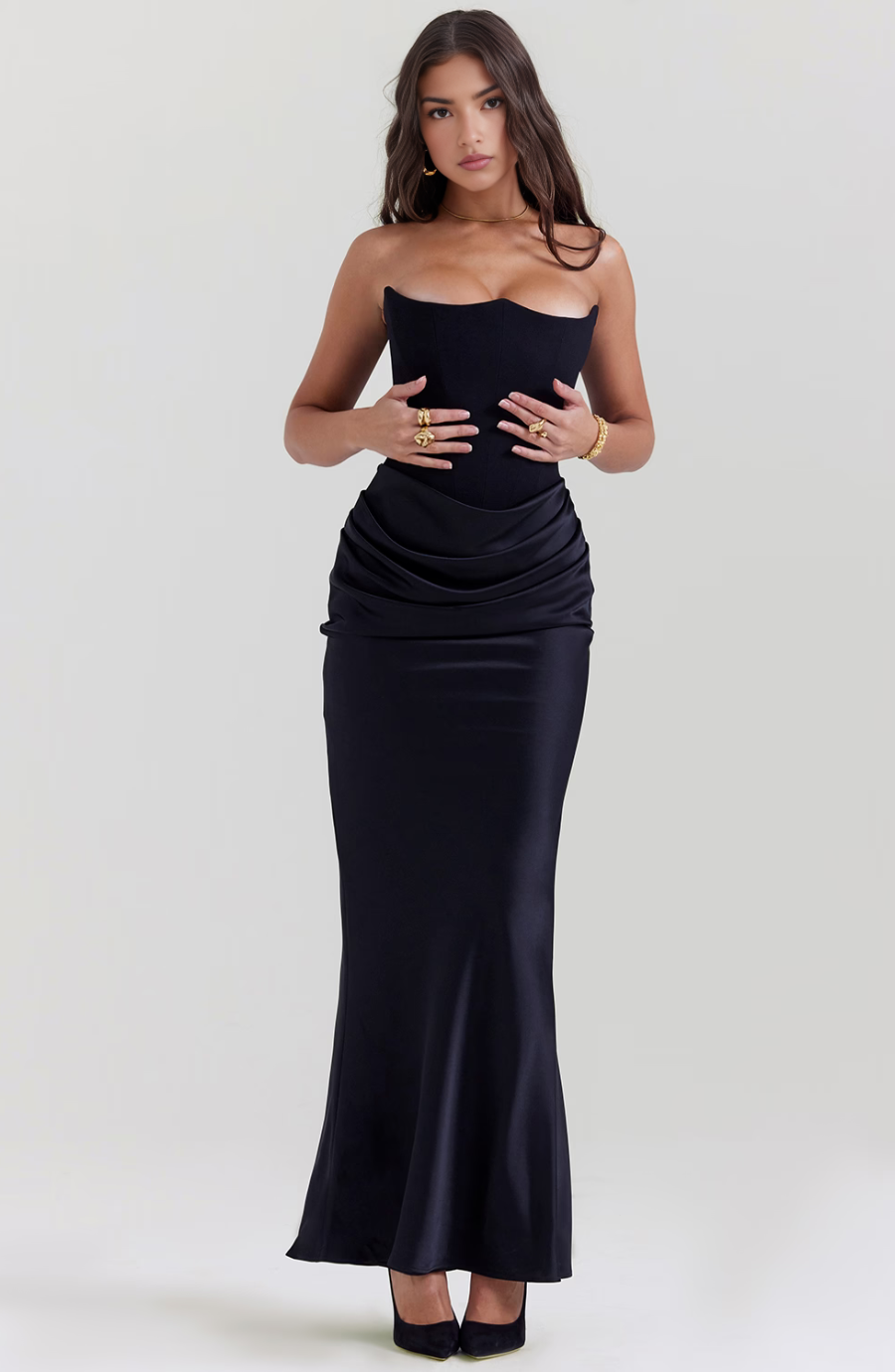 Damen Elegantes Satin Maxikleid | Skulpturales Trägerloses Abendkleid