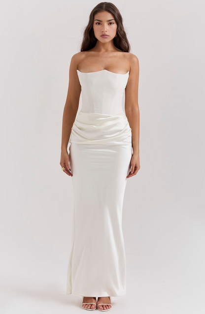 Damen Elegantes Satin Maxikleid | Skulpturales Trägerloses Abendkleid