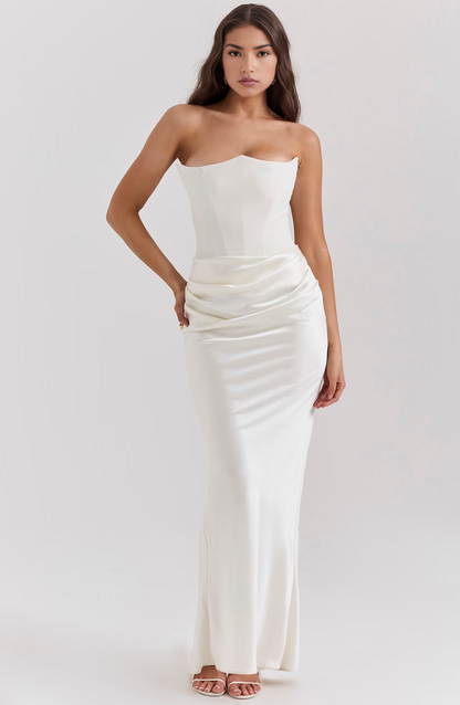 Damen Elegantes Satin Maxikleid | Skulpturales Trägerloses Abendkleid