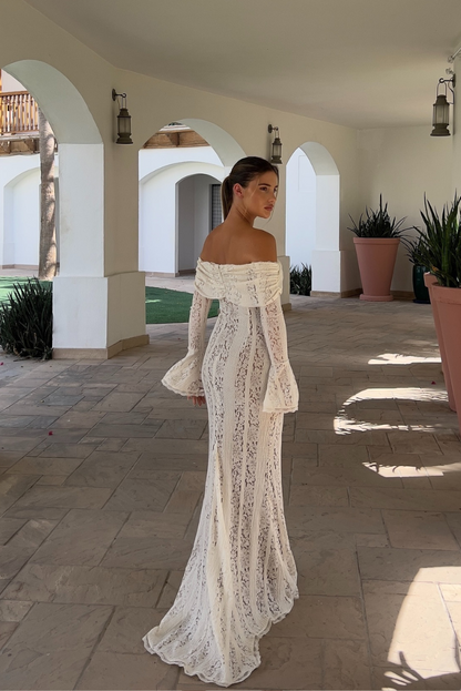 Damen Elegantes Spitzen Maxikleid | Romantisches Schulterfreies Abendkleid für Hochzeiten