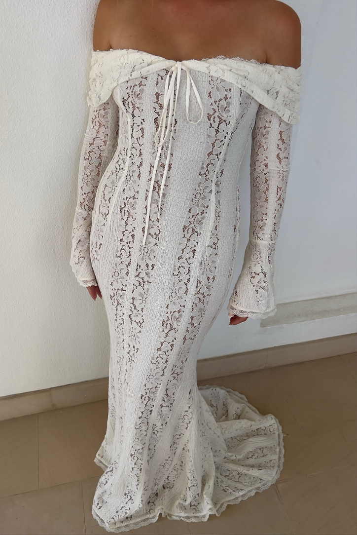 Damen Elegantes Spitzen Maxikleid | Romantisches Schulterfreies Abendkleid für Hochzeiten