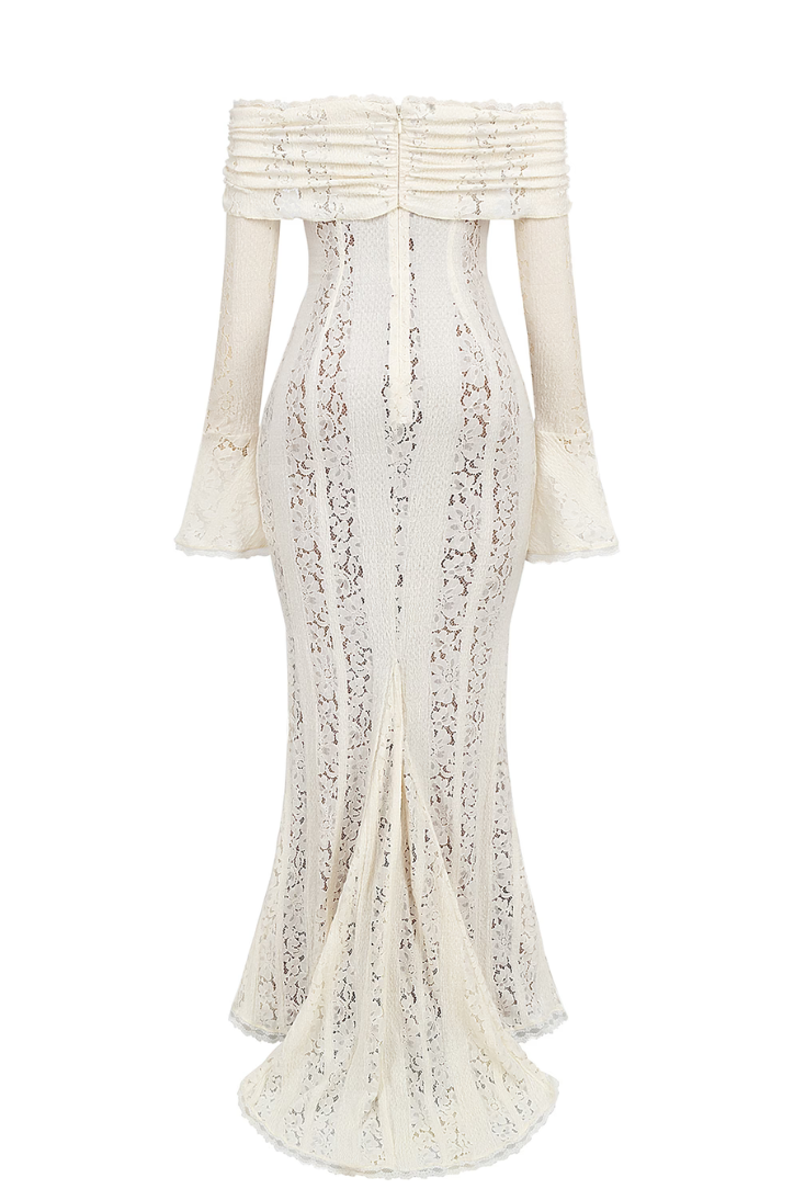 Damen Elegantes Spitzen Maxikleid | Romantisches Schulterfreies Abendkleid für Hochzeiten