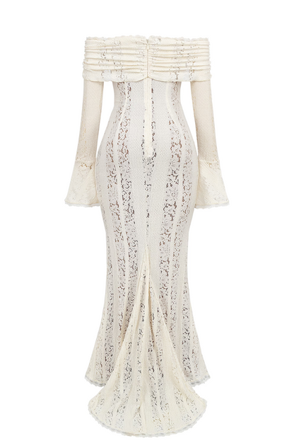 Damen Elegantes Spitzen Maxikleid | Romantisches Schulterfreies Abendkleid für Hochzeiten