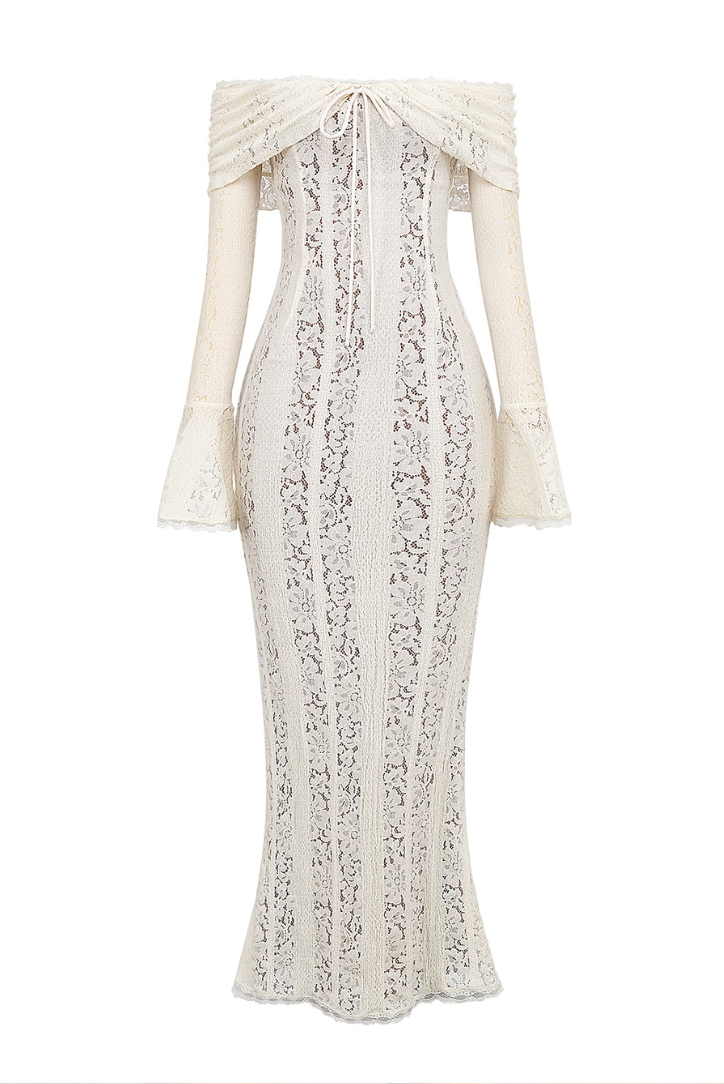 Damen Elegantes Spitzen Maxikleid | Romantisches Schulterfreies Abendkleid für Hochzeiten