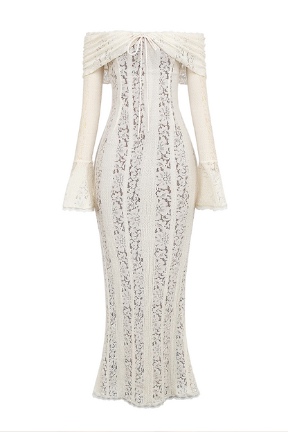 Damen Elegantes Spitzen Maxikleid | Romantisches Schulterfreies Abendkleid für Hochzeiten