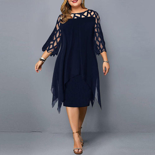 Damen Elegantes Spitzen Midi-Kleid | Bequemes Übergrößen Sommerkleid mit Raffiniertem O-Ausschnitt und Luxuriösen Ärmeln