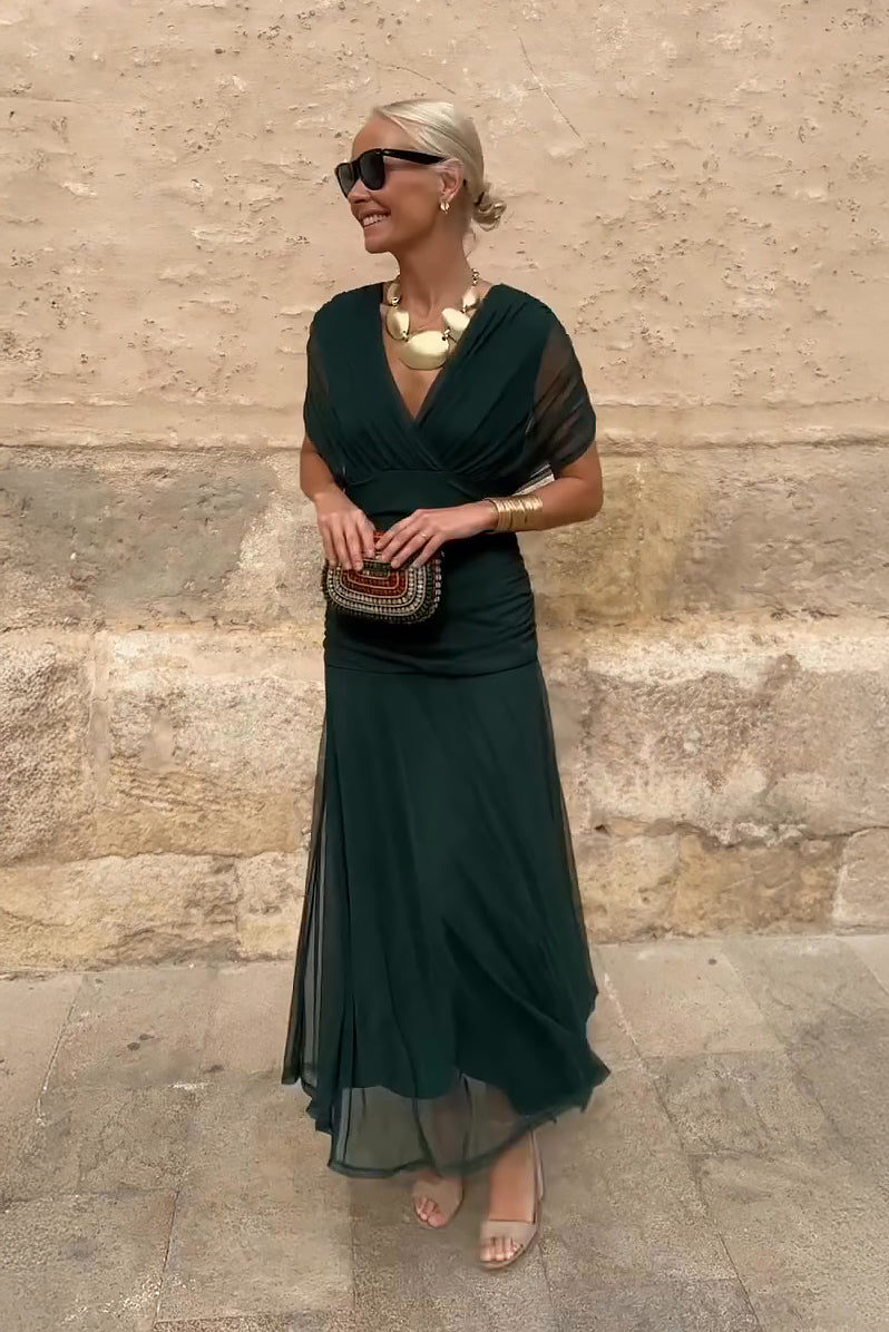 Damen Elegantes V-Ausschnitt Maxi Kleid | Fließendes Zeremonienkleid für Hochzeiten
