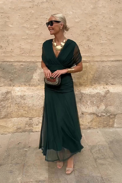 Damen Elegantes V-Ausschnitt Maxi Kleid | Fließendes Zeremonienkleid für Hochzeiten