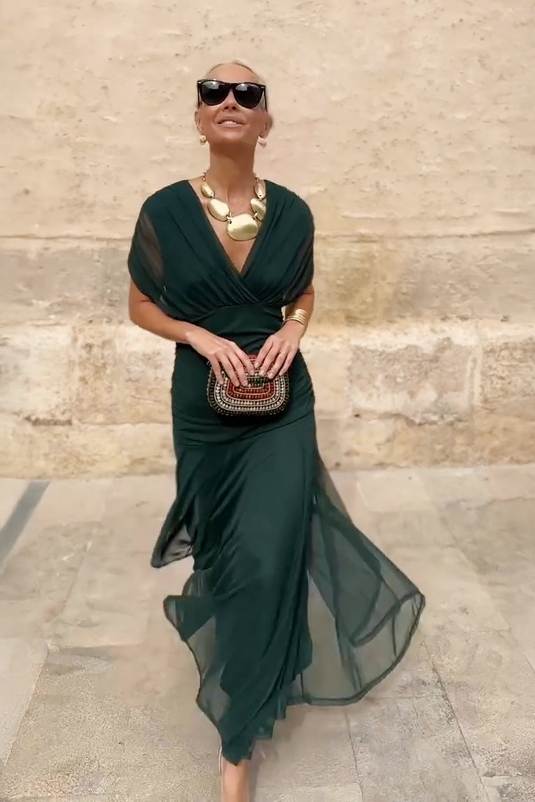 Damen Elegantes V-Ausschnitt Maxi Kleid | Fließendes Zeremonienkleid für Hochzeiten
